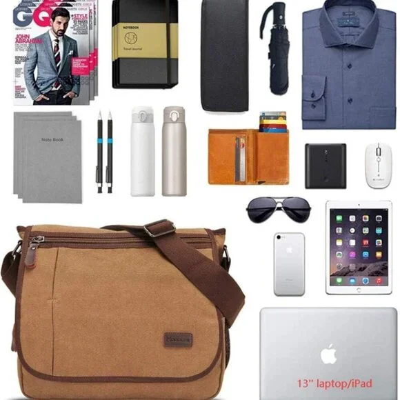 Messenger Bag for Men, 13 Inches Laptop Satchel Bags, Canvas Shoulder Bag with B